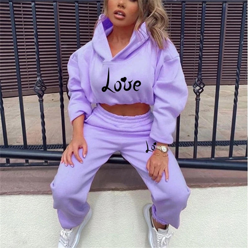 Women Love Print Hoodie + Sweatpants 2-piece Sweat Suits Tracksuits